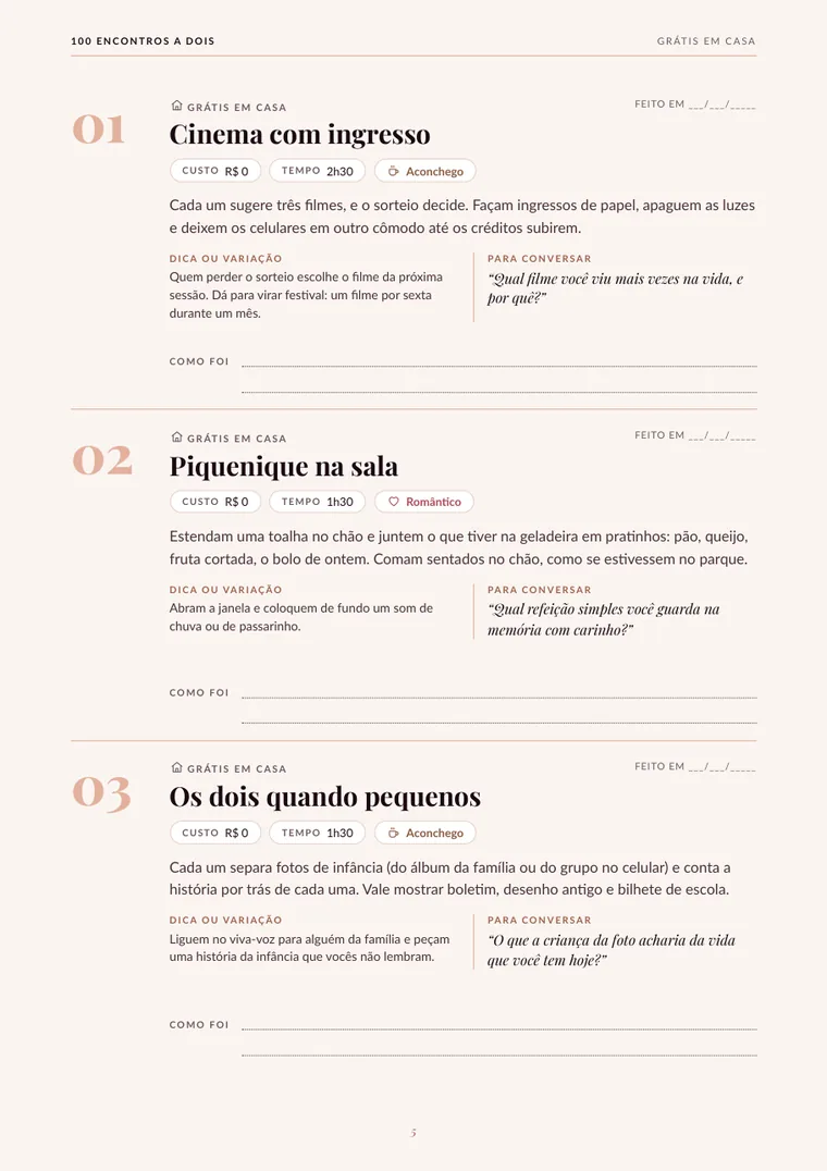 Página interna com as ideias 1 a 3: custo, tempo, dica e pergunta para conversar